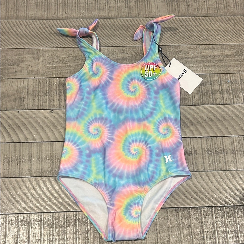 Hurley Kids Pastel Tie-Dye Spiral One-Piece Swimsuit - Blue Pink Yellow Green